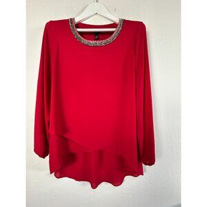 Alfani Womens Red Layered Chiffon Blouse Tunic Embellished Neck Size 8 Career